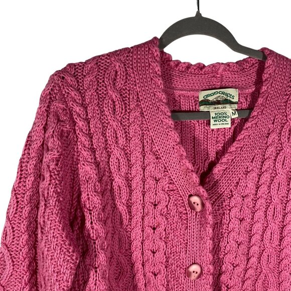 Aran Crafts Pink Cable Knit Merino Wool Cardigan Sweater M colorful pink scallop - Picture 2 of 10